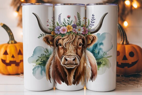 Highland Cow Floral Wreath 20oz Tumbler Graphics